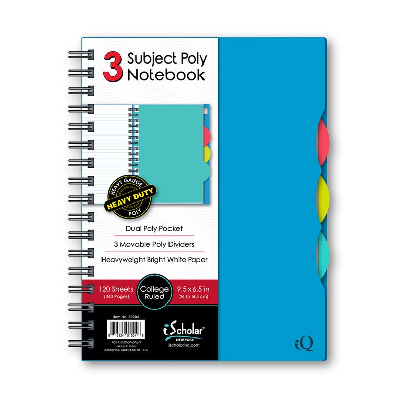 iScholar iQ 3 Subject Poly Cover Double Wire Notebook, College Rule, 9.5 x 6.5 Inches, 120 Sheets, Color May Vary (57904) - Image 1
